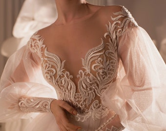 Romantic Light Lace A-line Puff Sleeves V-neck Wedding dress