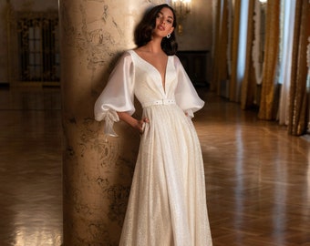 Modern Long puffy Organza sleeves Deep V-neckline Sparkling glitter A-line Court train wedding dress