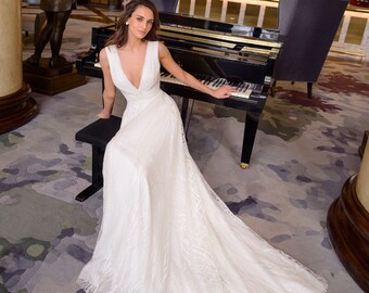 Classic A-line Sleeveless V-neck and back  Wrap waist Cathedral train Glitter Wedding dress bridal gown
