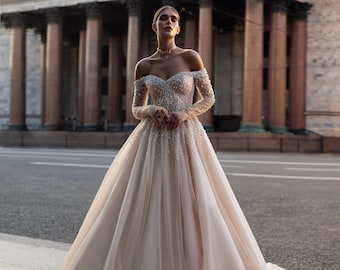 Strapless Off the shoulder Long sleeve Sweetheart neckline Open back Pearl A-line Cathedral train Tulle Wedding dress Bridal gown