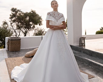 Formal Princess Detachable bolero Off the shoulder V-neckline Short sleeve Chapel train  Pearl Beaded A-line  Wedding dress Bridal Gown