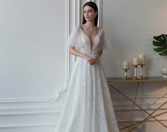 Classic Draped half sleeves Deep V neck line and Back Lightweight A line Flock Cathedral train wedding dress bridal gown