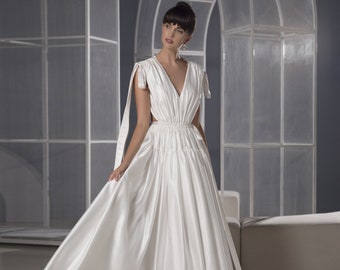 Modern Minimalist Simple Sleeveless V-neckline Open Back Medium length Silk satin A-line wedding dress