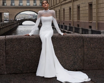 Refined Sheath fitted Mermaid Minimalist Long sleeve Mockneck closed back Pearl neckline Sweep train Wedding dress Bridal gown