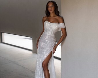 Asymmetric One shoulder Off the shoulder Mermaid Fitted Sheath Trumpet Sequin Glitter Slit skirt Sweep train Wedding dress Bridal gown