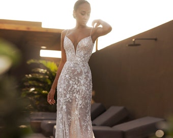 Fitted Mermaid Sheath Fit and flare Sleeveless Thin Straps Deep V neckline Scoop open back Lace Sequin Sweep train Wedding Dress Bridal gown