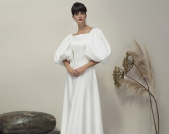 Simple Minimalistic Plain Half puffy sleeves Square neckline A-line sweep train wedding dress