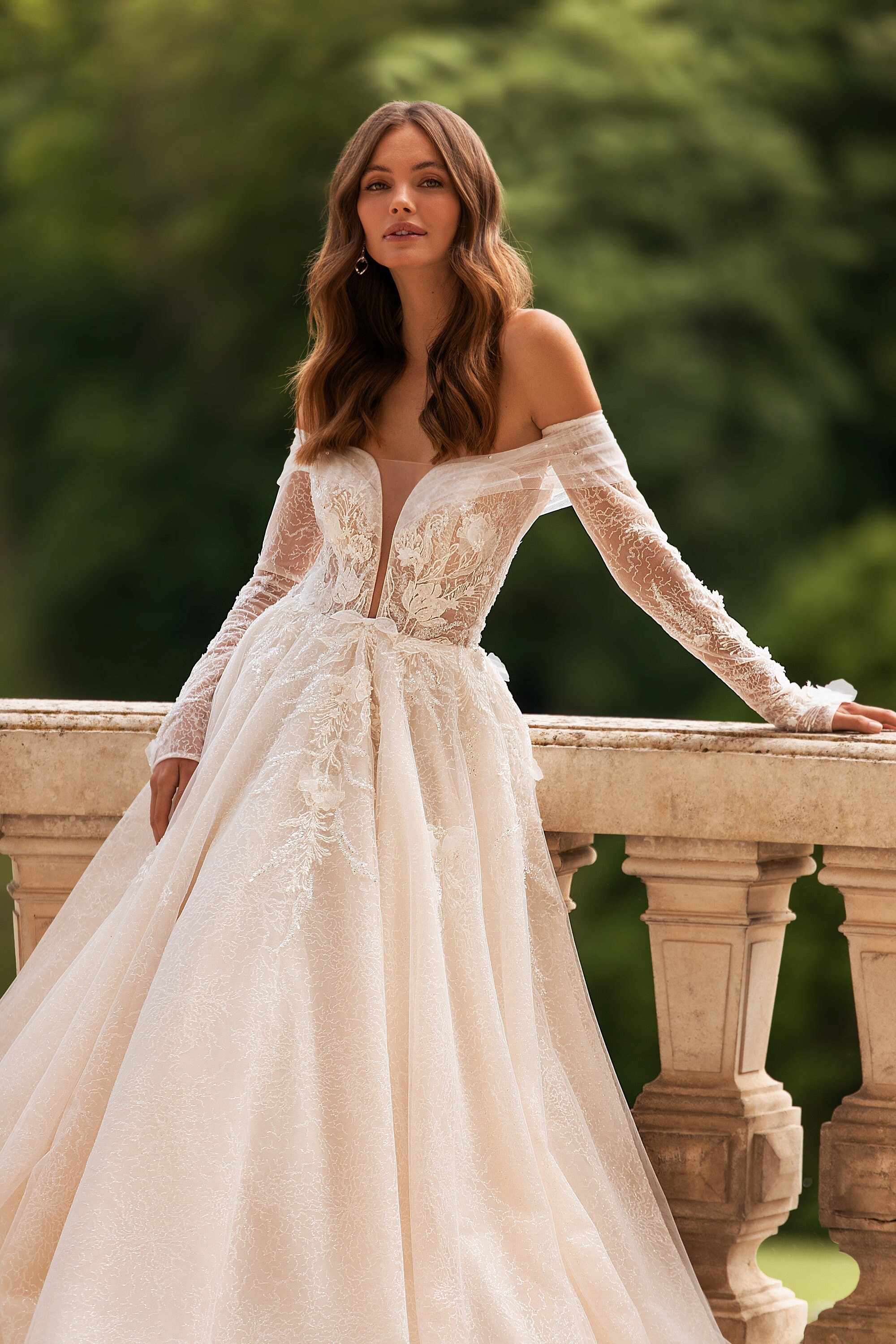 Sexy Long Sleeve Plunge Neck Sparkling Lace Berta Inspired Wedding
