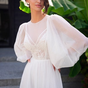 Romantic Light Long spacious puffy sleeves delicate cuffs Removable corset Lace Glitter crepe Short train A-lane wedding dress image 2