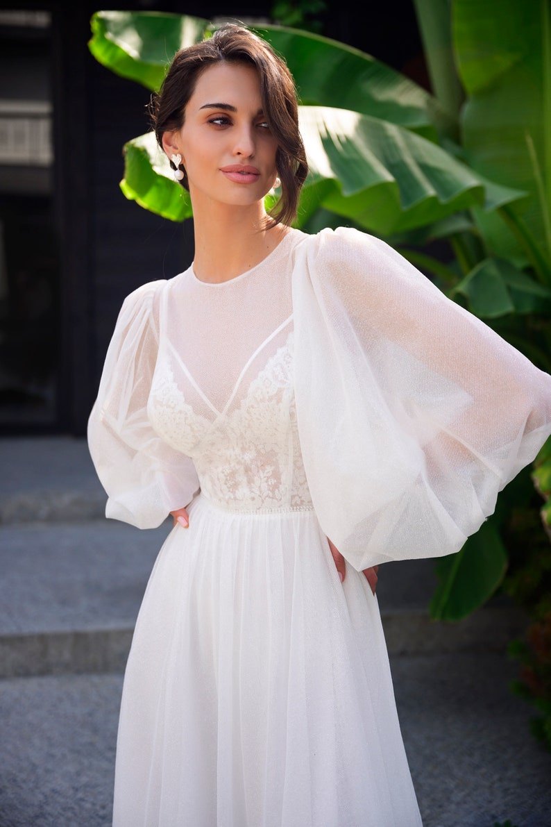 Romantic Light Long spacious puffy sleeves delicate cuffs Removable corset Lace Glitter crepe Short train A-lane wedding dress image 2