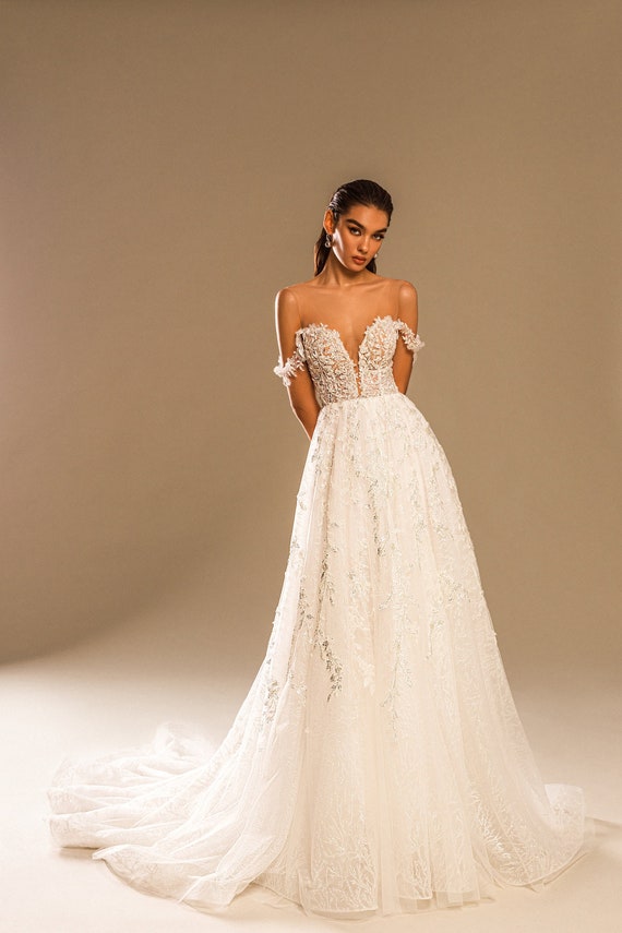 Off The Shoulder Ball Gown Wedding Dress With Back Exposed Buttons