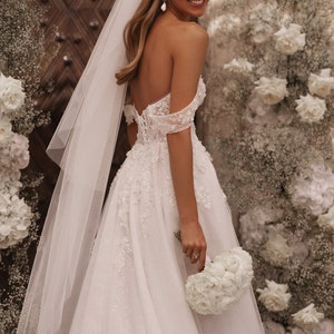 Romantic Off the shoulder Sweetheart neckline Hand Embroidered bodice Open back Lace-up closure A-line Slit Skirt Train Tulle wedding dress image 5