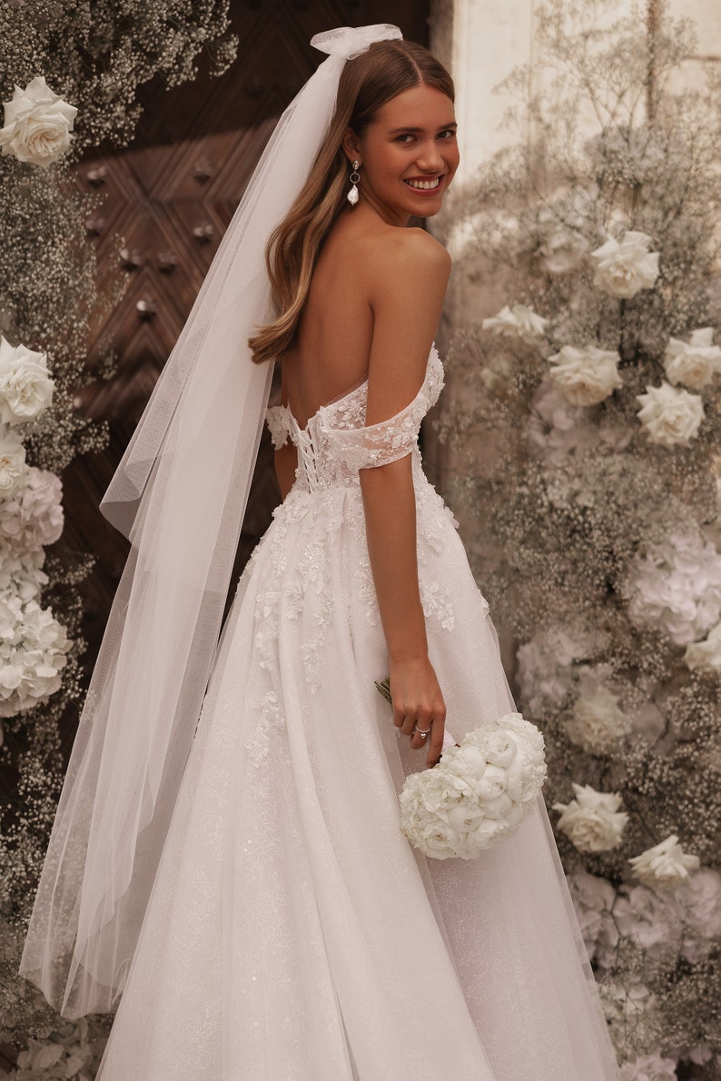 Romantic Off the shoulder Sweetheart neckline Hand Embroidered bodice Open back Lace-up closure A-line Slit Skirt Train Tulle wedding dress image 5