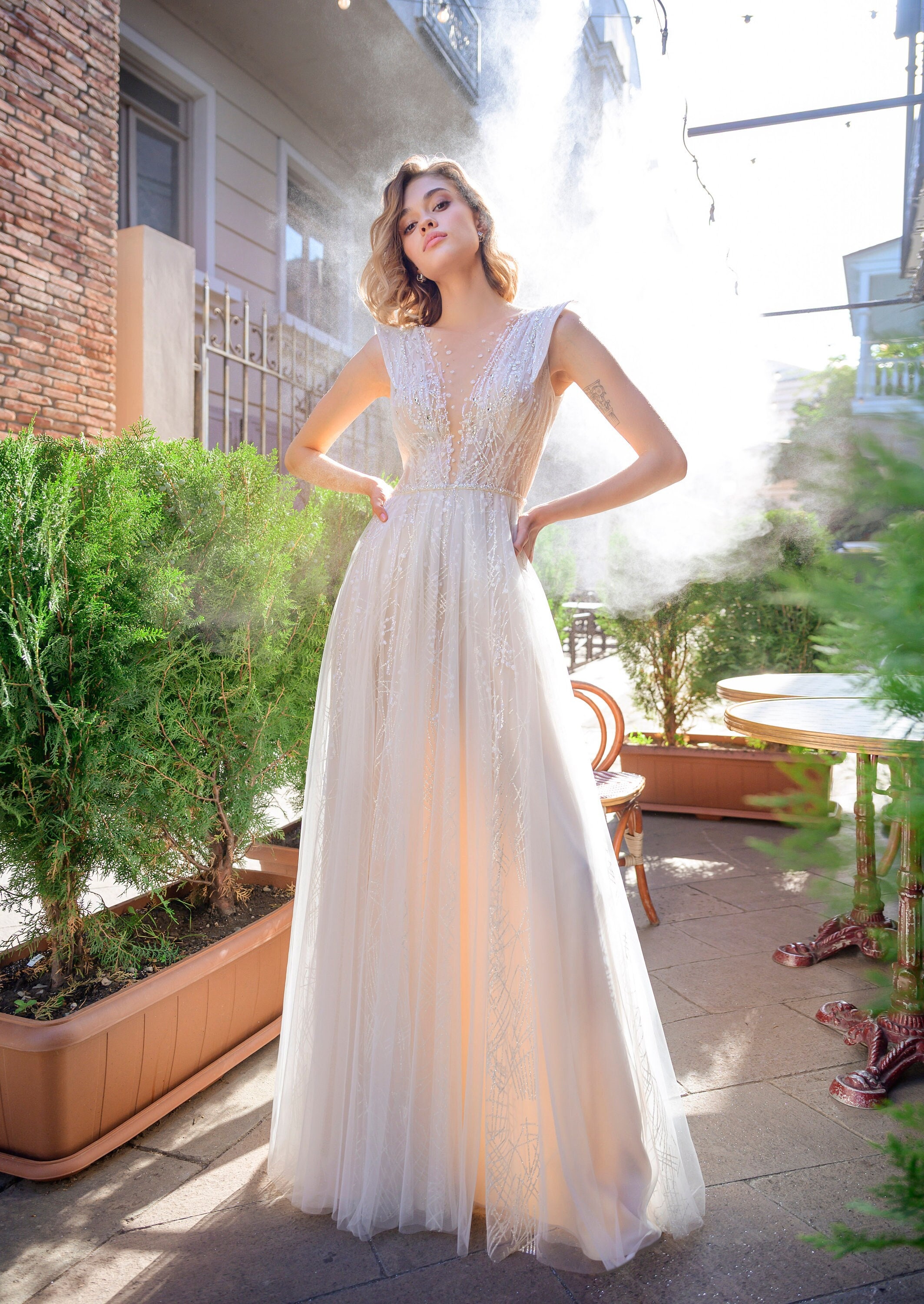 Beach Wedding Dress,a-line Bridal Gown With Long Train, Chiffon