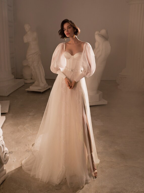 Detachable Illusion Long Sleeve Mermaid Wedding Gown Val Stefani Blanca  D8304