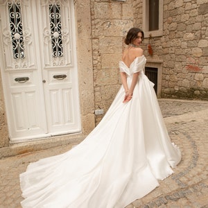 Classic Pleated off the shoulder Bow belt Lace up back A-line Chapel train Plain Satin wedding dress Bridal gown image 6