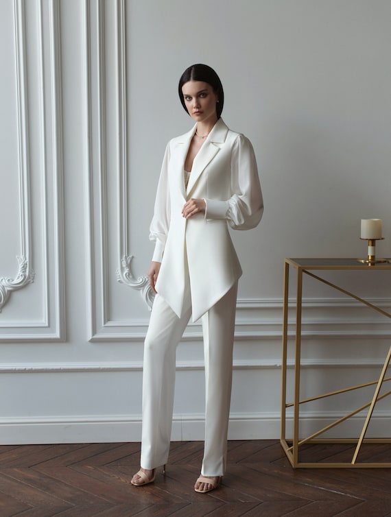 White Minimalist Suit Jacket Loose Spacious Sleeves Trousers Lace