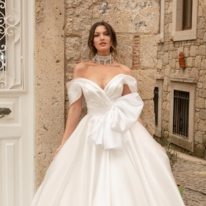 Classic Pleated off the shoulder Bow belt Lace up back A-line Chapel train Plain Satin wedding dress Bridal gown image 5