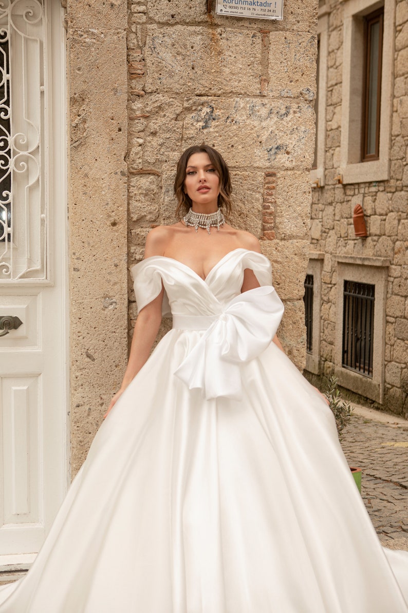 Classic Pleated off the shoulder Bow belt Lace up back A-line Chapel train Plain Satin wedding dress Bridal gown image 5