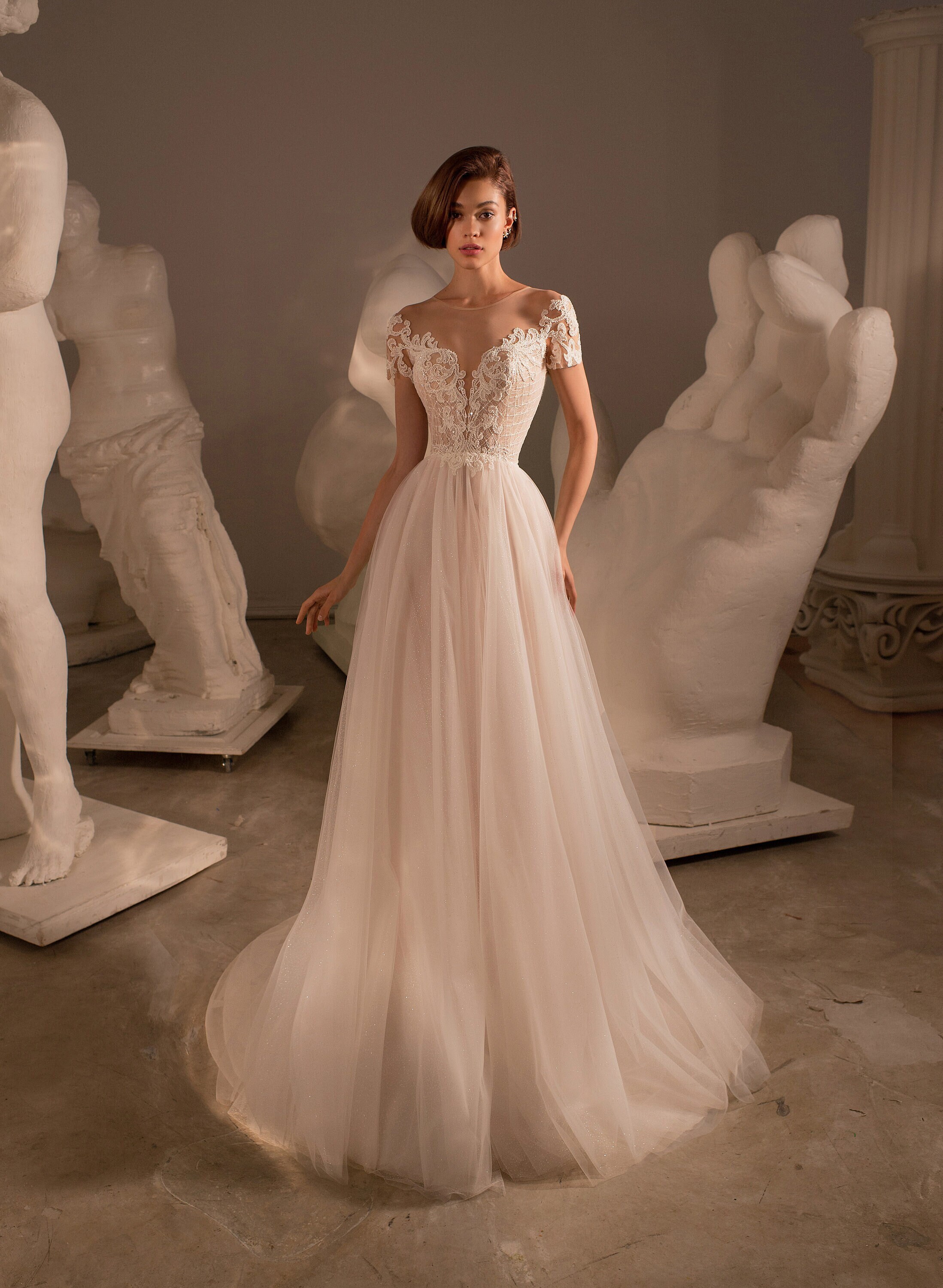 Short lace and mesh dress with illusion neckline shop