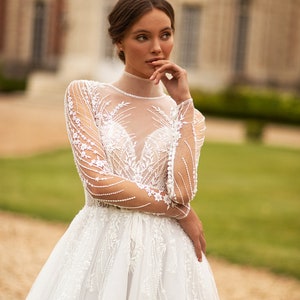 Refined Princess silhouette Long Sleeve High neckline Heart-shape bodice Lace decorated Tulle skirt with train wedding dress image 3