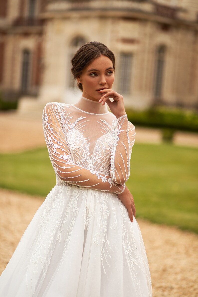 Refined Princess silhouette Long Sleeve High neckline Heart-shape bodice Lace decorated Tulle skirt with train wedding dress image 3