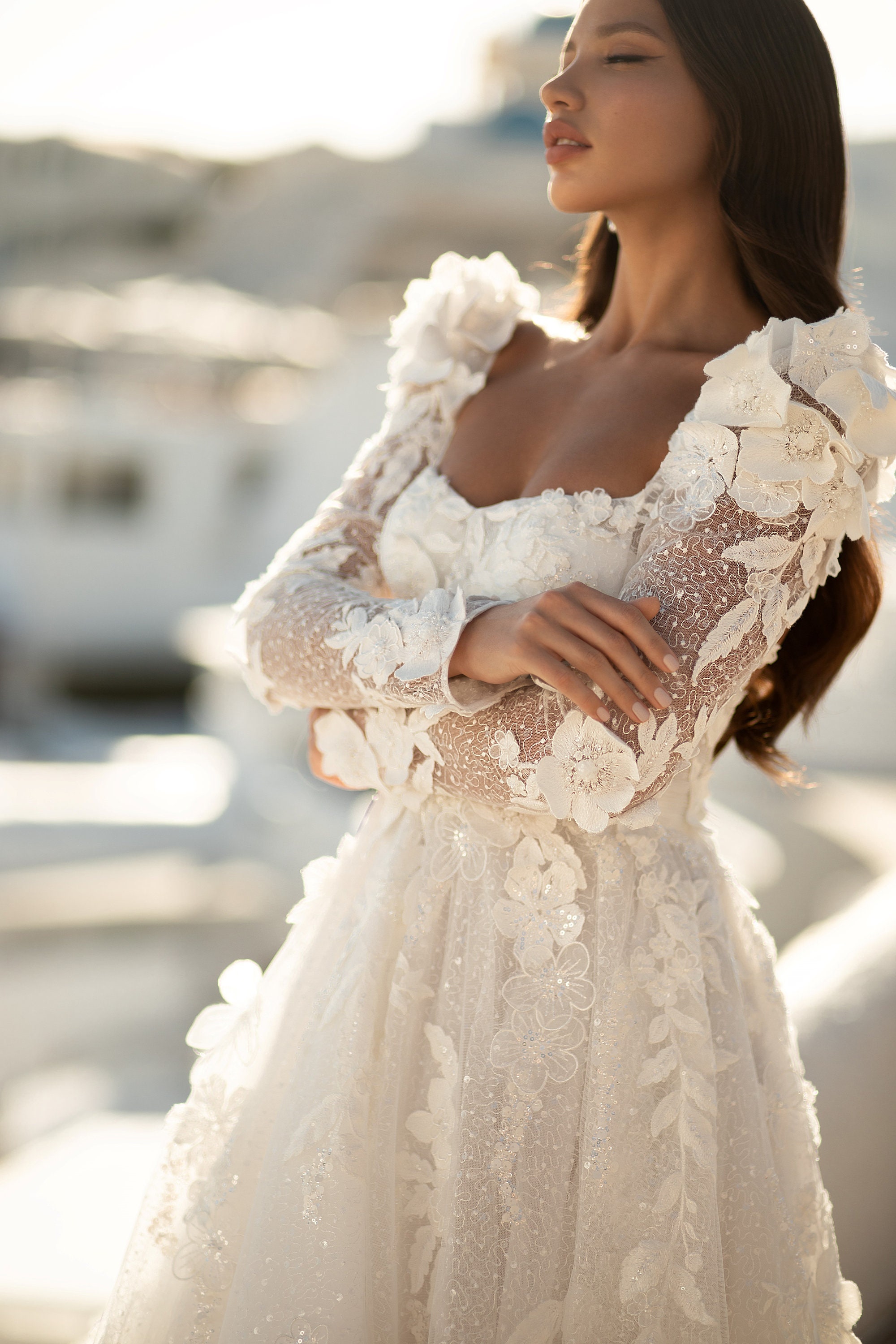 Bow Collar Princess Long Sleeve Printed Dress