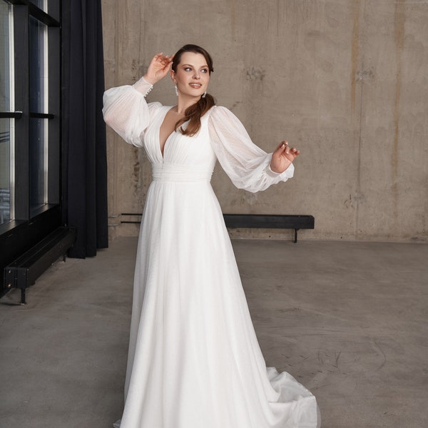 Plus Size Beautiful Long puffy sleeves Draped V neckline  Open V-shape back Glitter Train Light A-line wedding dress