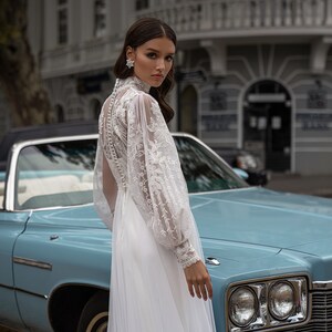 Romantic Boho Minimalistic Cape Set Long puffy sleeve Lace sequin Guipure collar Straps Tulle A-line Side slit train wedding dress image 5