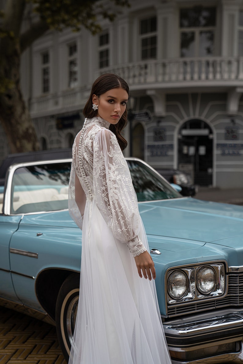 Romantic Boho Minimalistic Cape Set Long puffy sleeve Lace sequin Guipure collar Straps Tulle A-line Side slit train wedding dress image 5