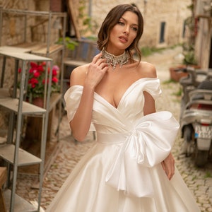 Classic Pleated off the shoulder Bow belt Lace up back A-line Chapel train Plain Satin wedding dress Bridal gown image 2