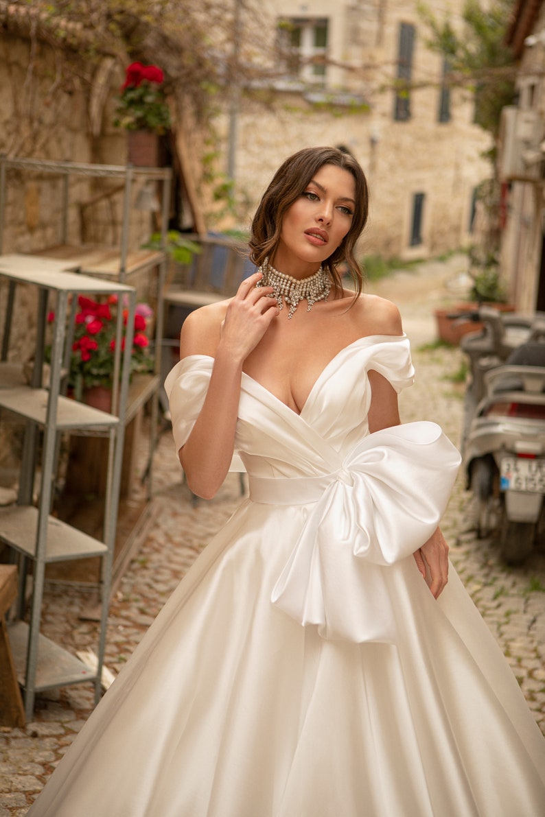 Classic Pleated off the shoulder Bow belt Lace up back A-line Chapel train Plain Satin wedding dress Bridal gown image 2