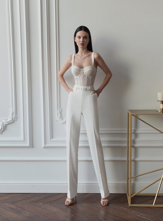 White Minimalist Suit Jacket Loose Spacious Sleeves Trousers Lace Corset  Belt All White 3 Piece Set Civil Reception Marriage Outfit 