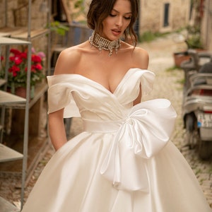Classic Pleated off the shoulder Bow belt Lace up back A-line Chapel train Plain Satin wedding dress Bridal gown image 7