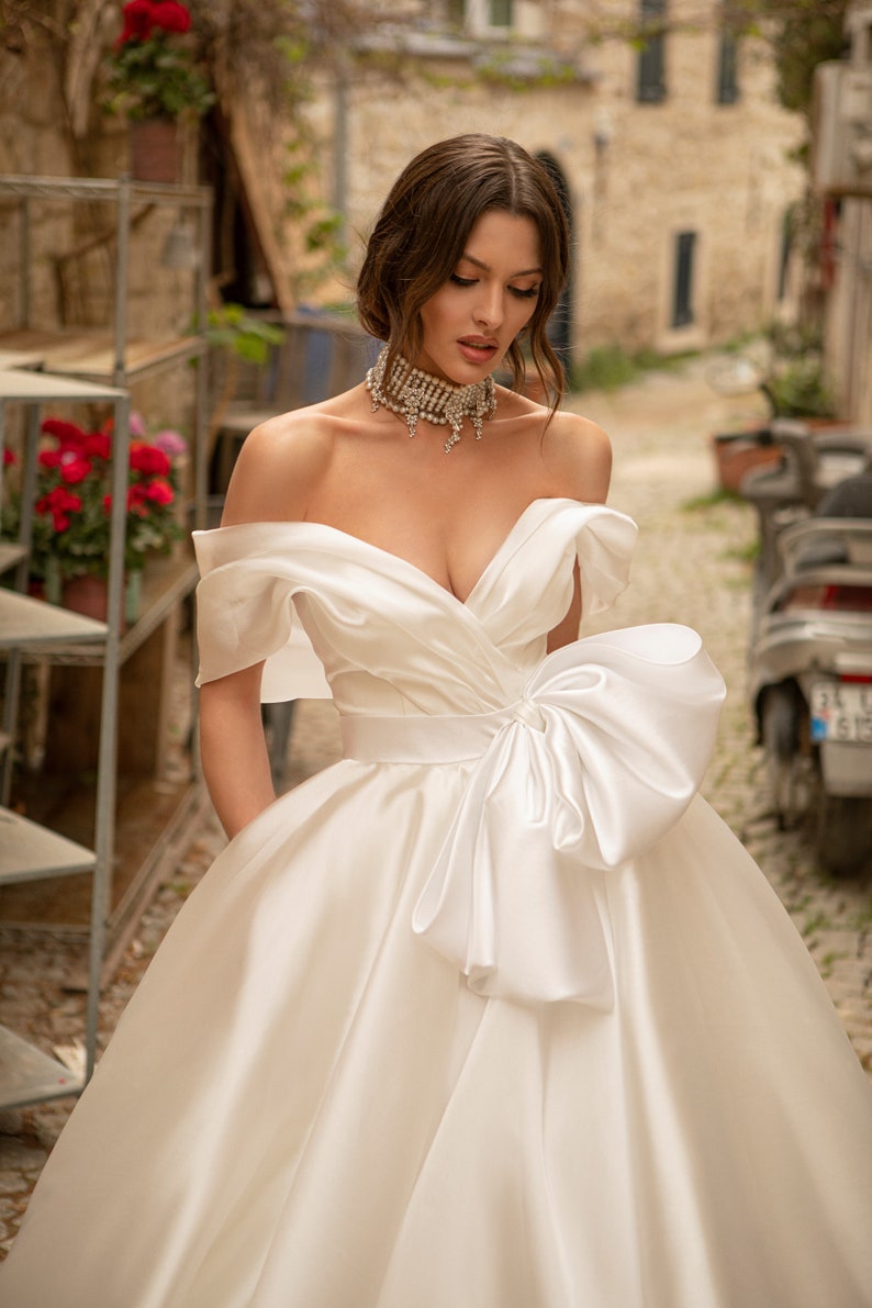 Classic Pleated off the shoulder Bow belt Lace up back A-line Chapel train Plain Satin wedding dress Bridal gown image 7