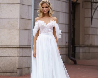 Romantic Light Boho Off the shoulder V-neckline Draped Bodice Open back A-line Court train 3D Elements Tulle Wedding dress Bridal Gown