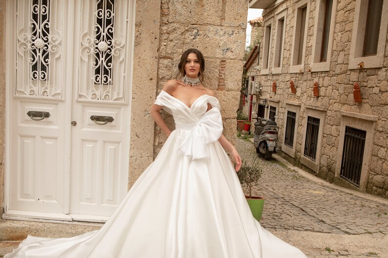 Classic Pleated off the shoulder Bow belt Lace up back A-line Chapel train Plain Satin wedding dress Bridal gown image 3