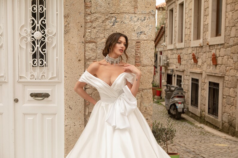 Classic Pleated off the shoulder Bow belt Lace up back A-line Chapel train Plain Satin wedding dress Bridal gown image 4