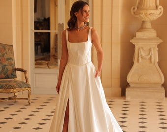 Absolute Classic Modern Simple Minimalist Sleeveless Wide strap Square neck Open Back Corset A-line Slit Skirt Mikado Wedding Bridal dress