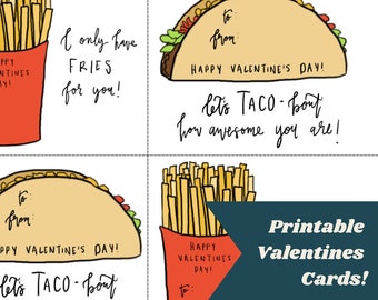 PRINTABLE Valentine’s Day Cards - French Fries & Taco Food Themed - Digital Download - Kid’s Valentines Day Cards for Parties - Class Party