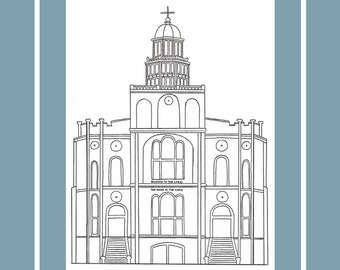 PRINTABLE Saint George Utah Temple Illustration-Digital Download-LDS Temple-Wedding Gift-Downloadable Coloring Sheet-Temple Art- Black White