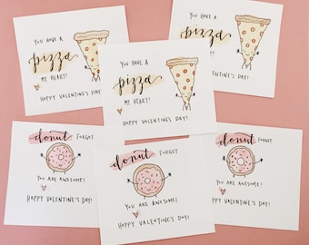 PRINTABLE Valentine's Cards- Pizza and Donut Themed File Downloadable for Class Parties- Valentine's Day Handouts- Friends Valentines