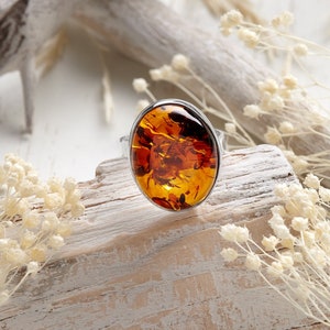 Genuine Baltic Amber ring, Natural Baltic Amber Ring, Handmade Bohemian Ring, 925 Sterling Silver Ring, Statement Silver Ring, Oval Amber