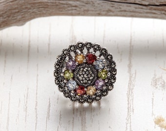 Vintage Marcasite Sterling Silver Statement Ring: Multi-Color Gemstone