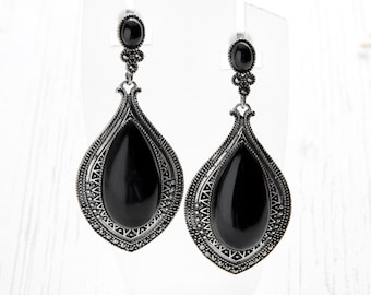 Black Onyx Marcasite Dangle Earrings: Sterling Silver Art Nouveau