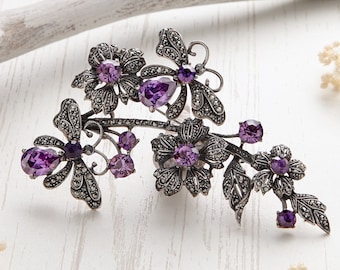 Handgemachte Amethyst Blumen Brosche aus Sterling Silber, Jugendstil Schmuck