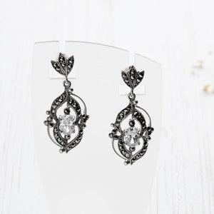 Silver Teardrop Earrings | 925 Sterling Silver | Silver Marcasite Earrings | Marcasite Dangle Earrings | Vintage  925 Deco Sterling Silver