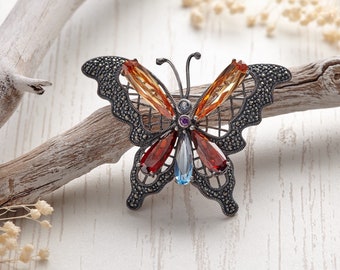 Broche papillon en argent, bijoux insectes, broche papillon, cadeaux de demoiselle d'honneur, cadeau pour elle, broche artisanale en cristal, bijou papillon, CZ