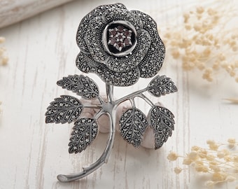 Handmade Sterling Silver Rose Brooch: Garnet & Marcasite Floral Pin
