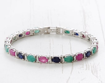 Exquisite silver bracelet with natural sapphires, emeralds, and rubies, precious oval-cut gemstones, 925 genuine Emerald, Ruby, Sapphire